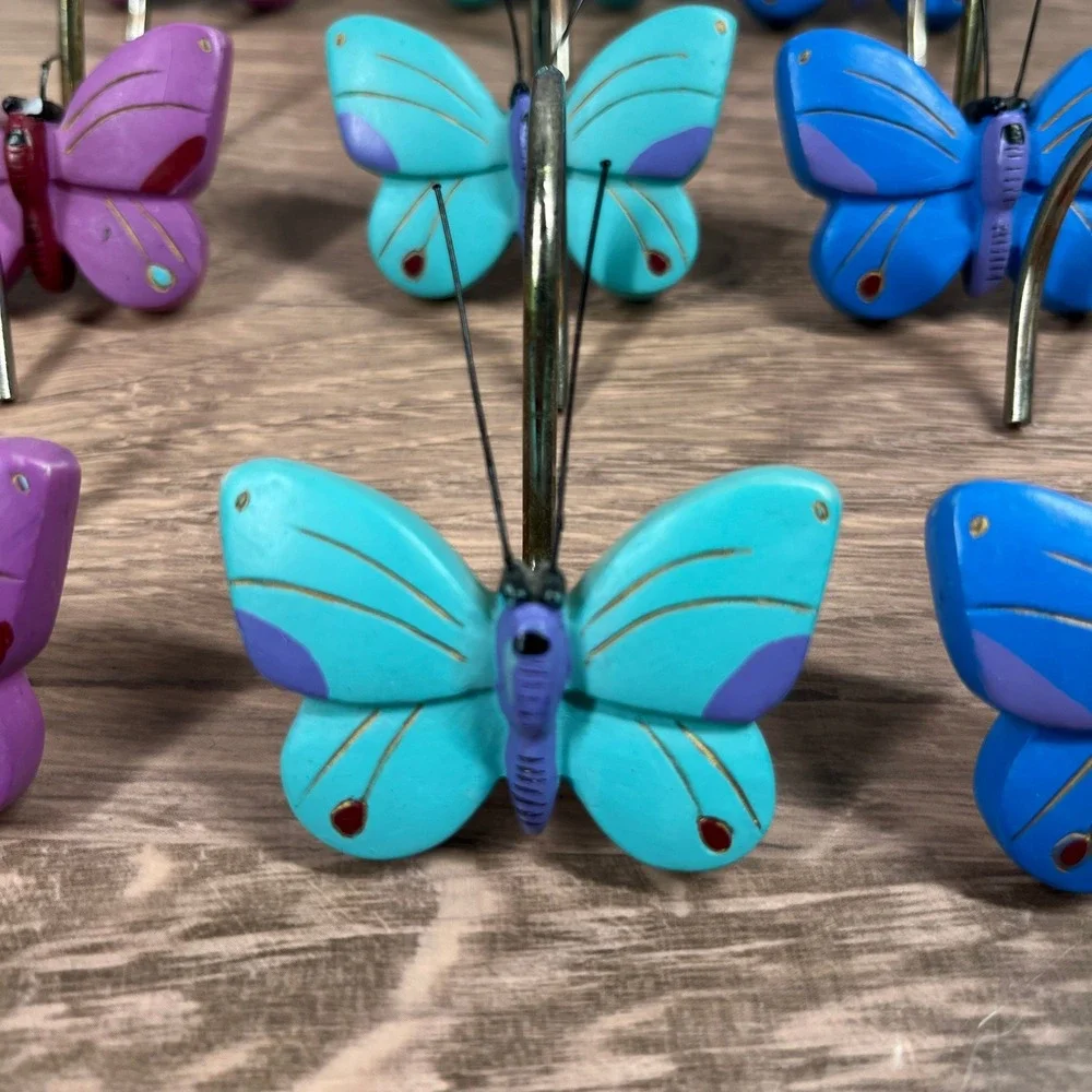 Butterfly Shower Curtain Hooks Multicolor Resin Whimsical Purple Blue Set of 12